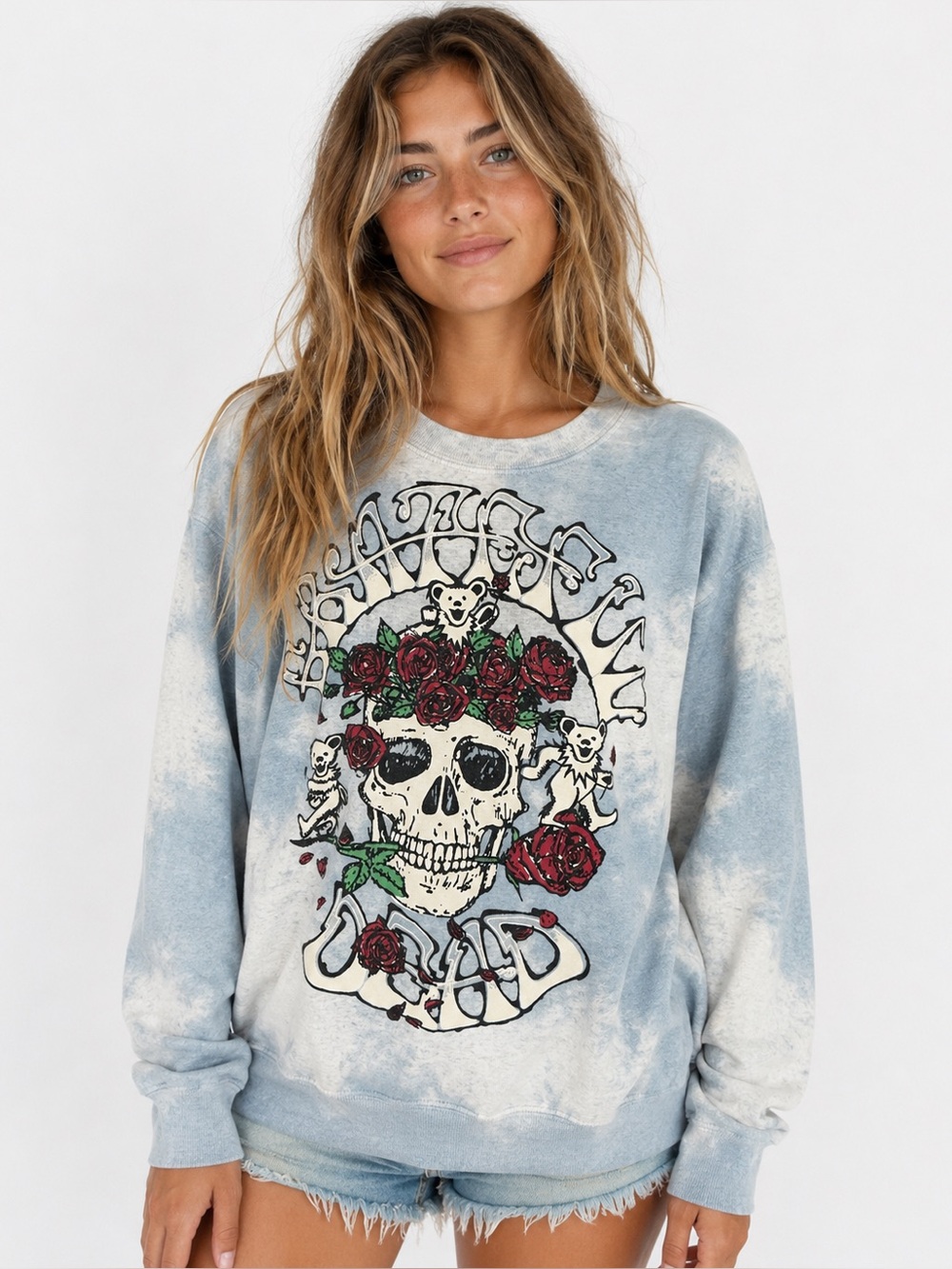 Grateful Dead Skull & Roses Pullover Sweatshirt Blue Tie Dye Fleece Crewneck